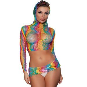 Rainbow Net Hooded Crop Top and Micro Skirt Set